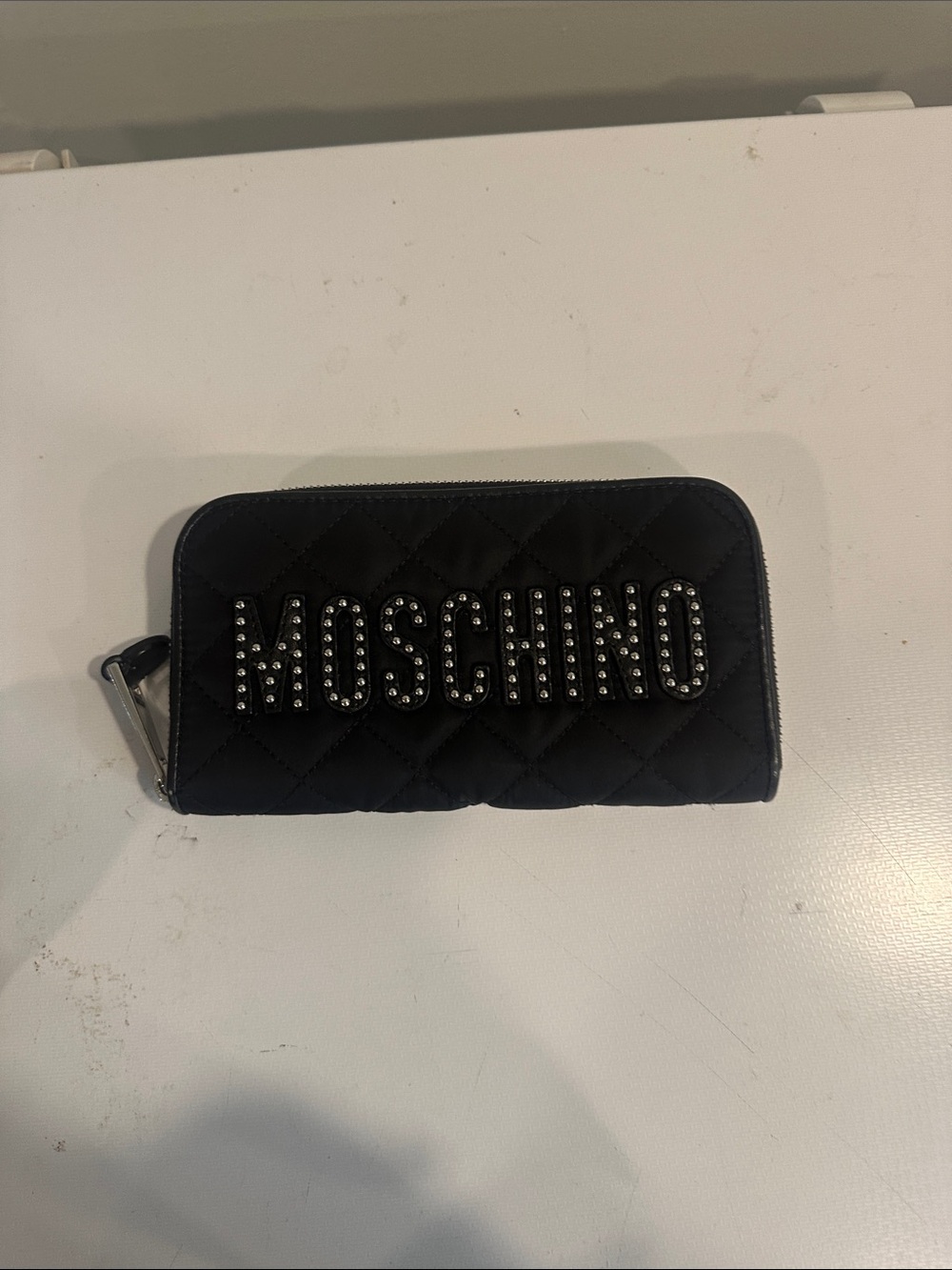 Moschino Black Quilted Zip Card Holder with Studded Logo